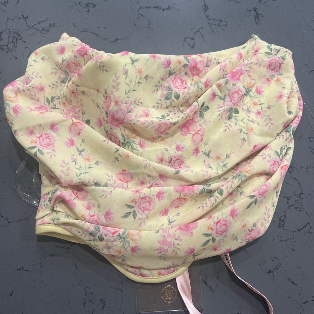 House of CB Pale Yellow Floral Cowl Neck Crop Top